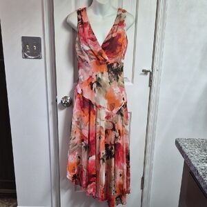 dressbarn Watercolor Floral V-Neck Midi Dress in Pink and Orange